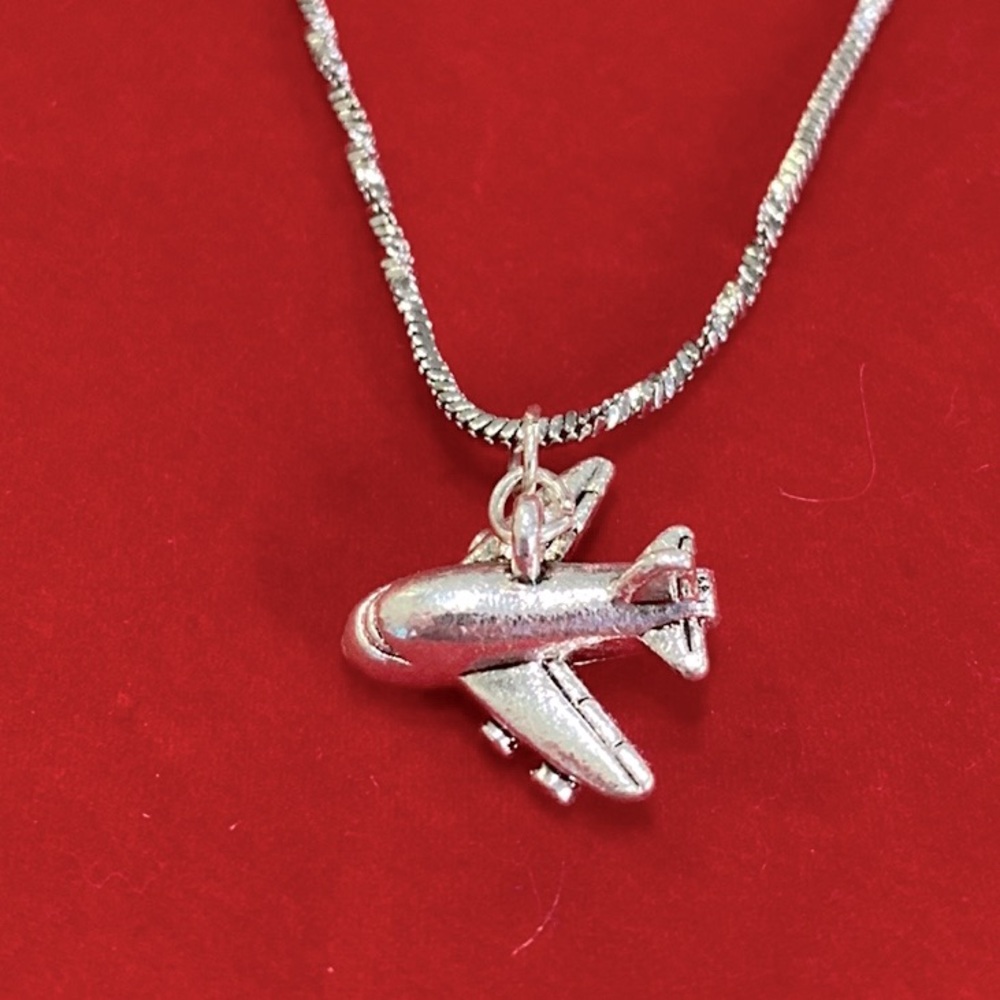 Airplane Necklace Silver Tone Flight Attendant Travel